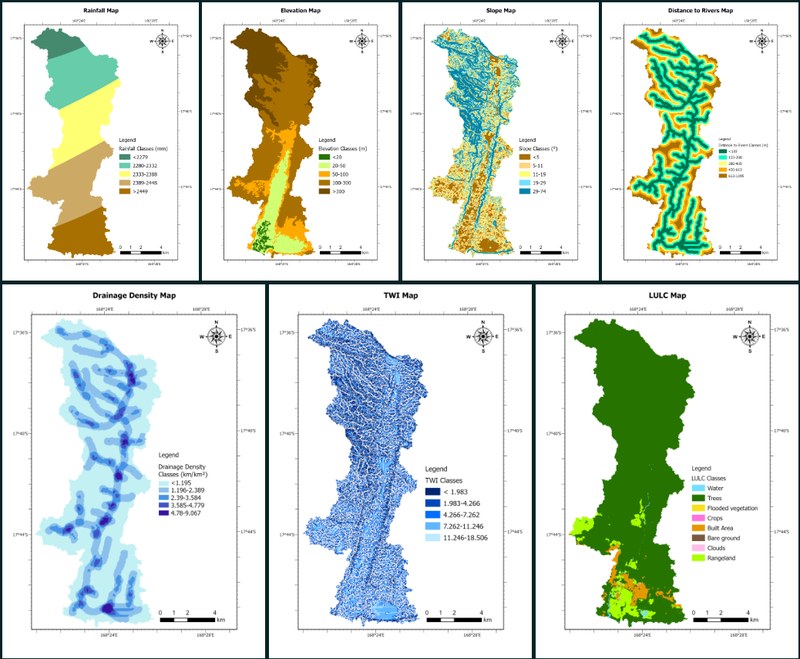 Set of seven flood susceptibility factor maps: rainfall, elevation, slope, distance to rivers, drainage density, topographic wetness index and land use/land cover